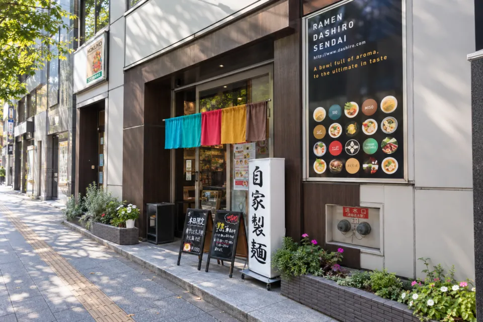 だし廊-DASHIRO-仙台南町通り本店の色鮮やかな暖簾がある店舗入口