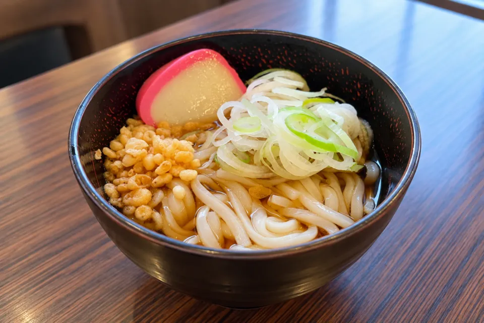ドーミーイン秋田のねぎとかまぼこを添えた稲庭風うどん