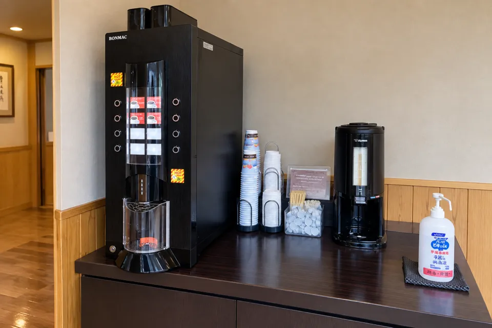 ドーミーイン秋田のコーヒーマシンと紙コップを置いたカウンター