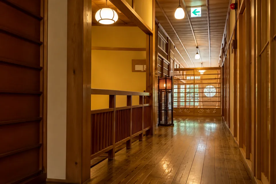 洞川温泉 あたらしや旅館の照明が連なる木造の廊下