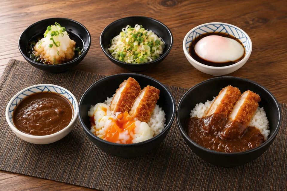 越後とんかつ人参亭の特製たれと付け合わせの案内