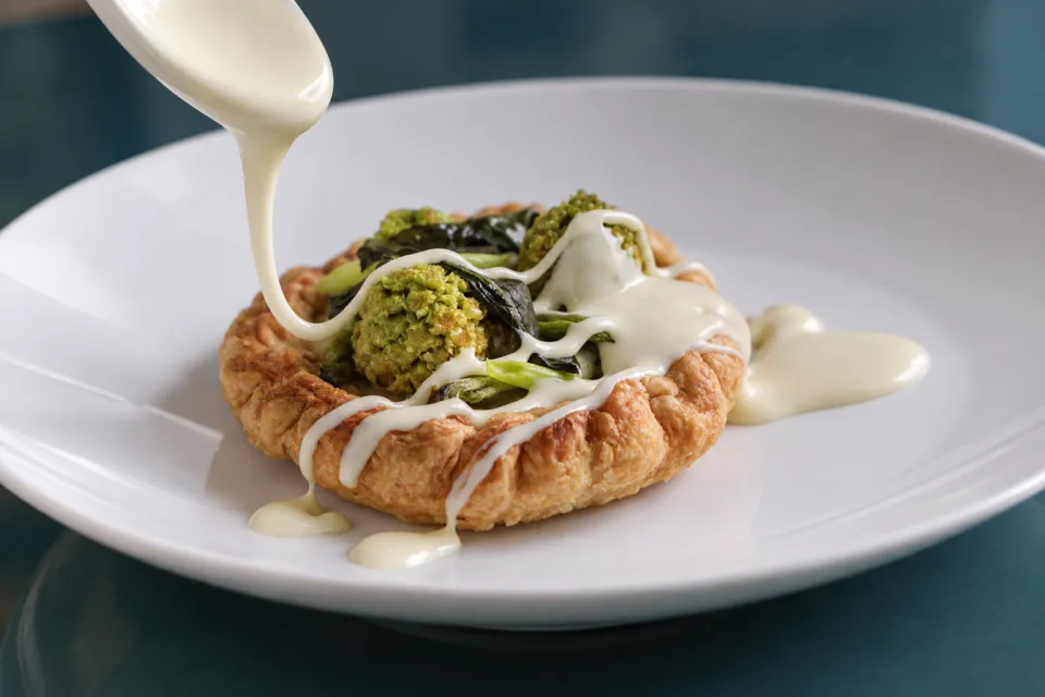 フォーシーズンズホテル丸の内 東京の野菜を盛り付けたタルトと白いソース