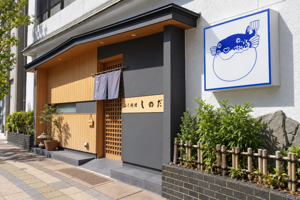 ふく料理しのだの店舗入口と看板