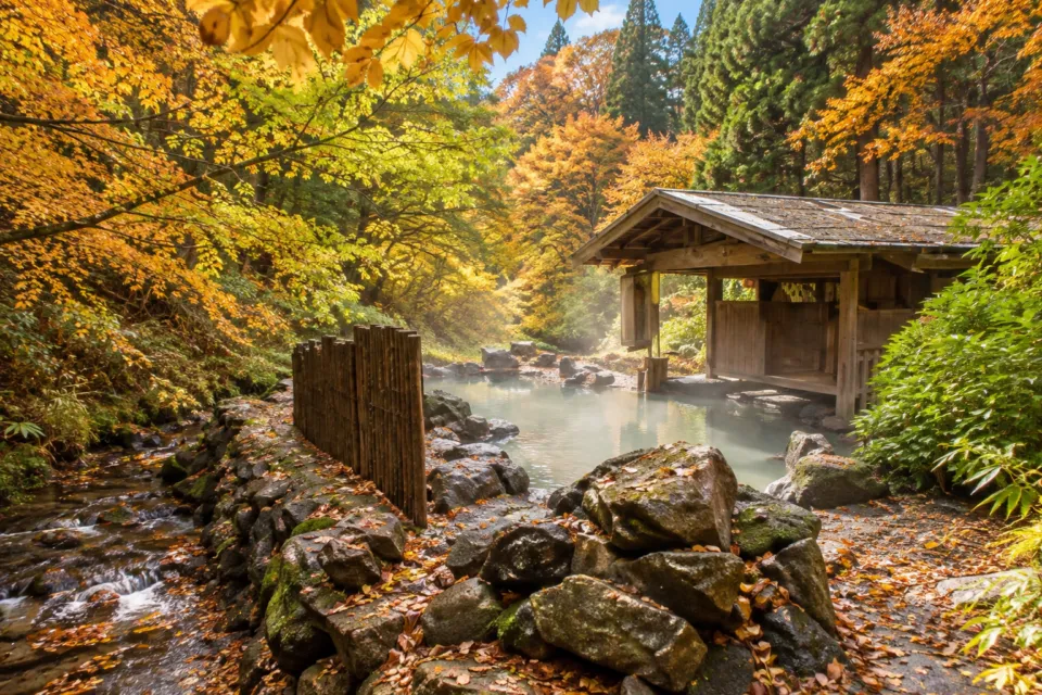 蟹場温泉の紅葉に囲まれた露天風呂
