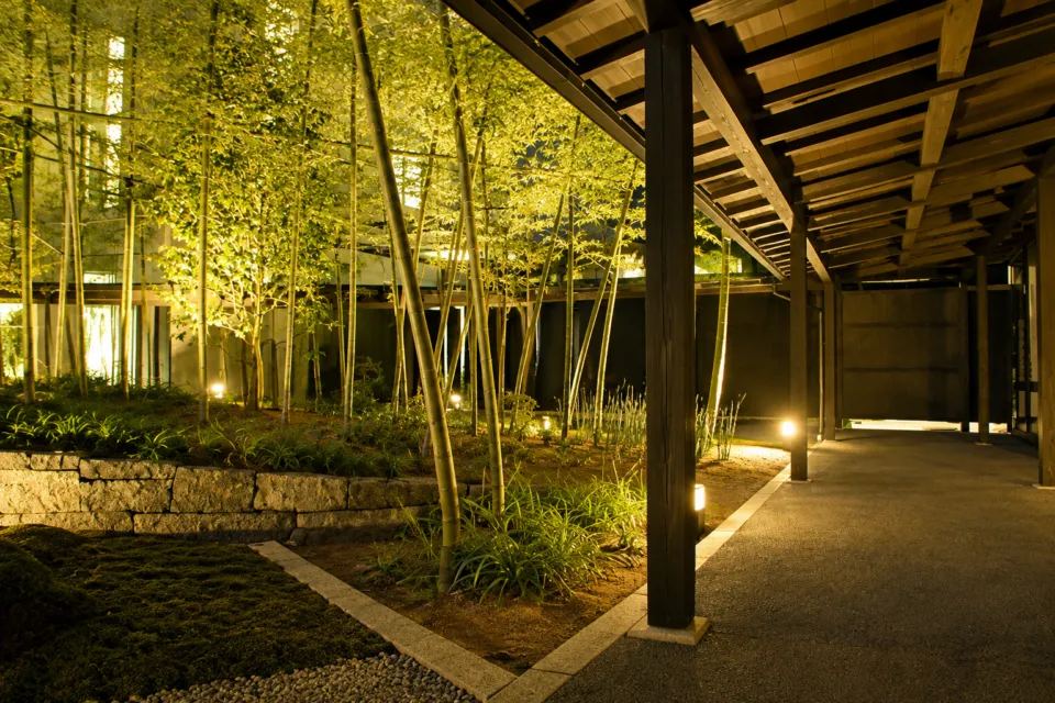 萩八景 雁嶋別荘の夜に照明が灯る竹の中庭