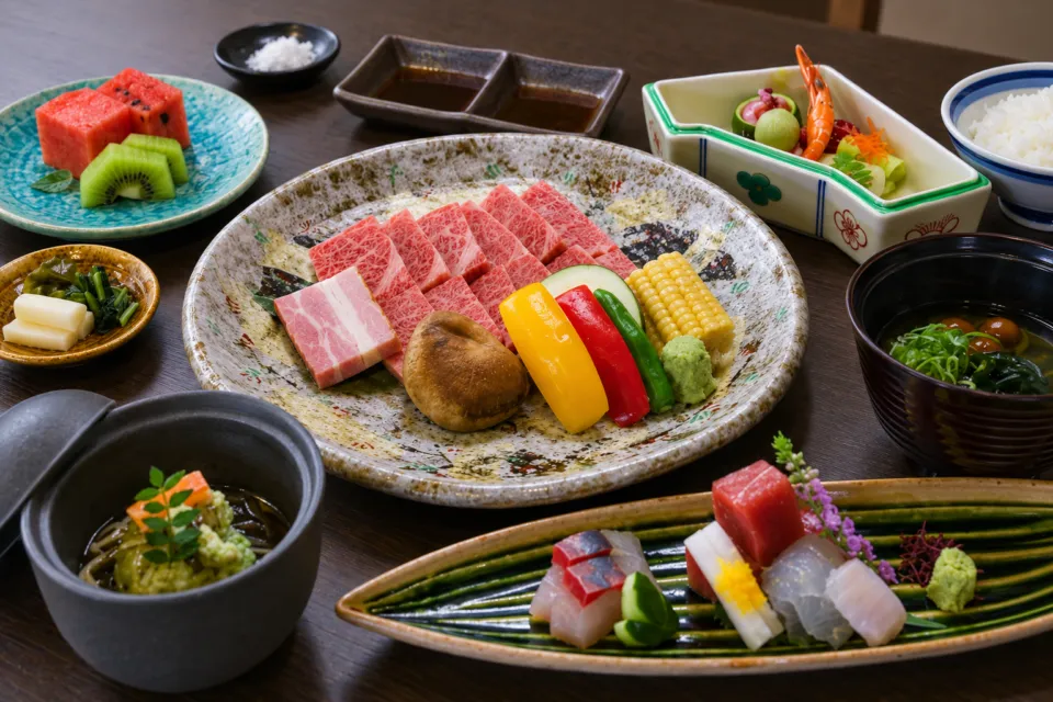 湯あそびの宿 下呂観光ホテル本館の飛騨牛と料理が並ぶ食卓