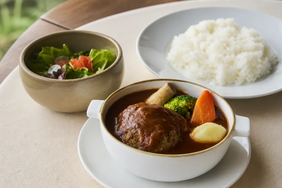 お山のカフェレストラン グリーンテラス雲仙のデミグラスソースの煮込みハンバーグと温野菜