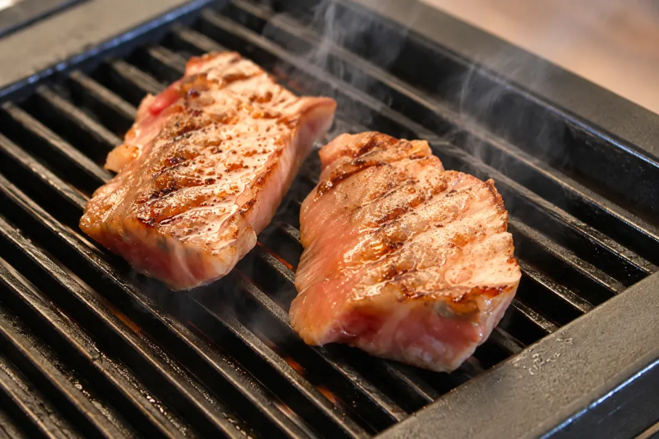 備前屋の網の上で焼いた牛肉