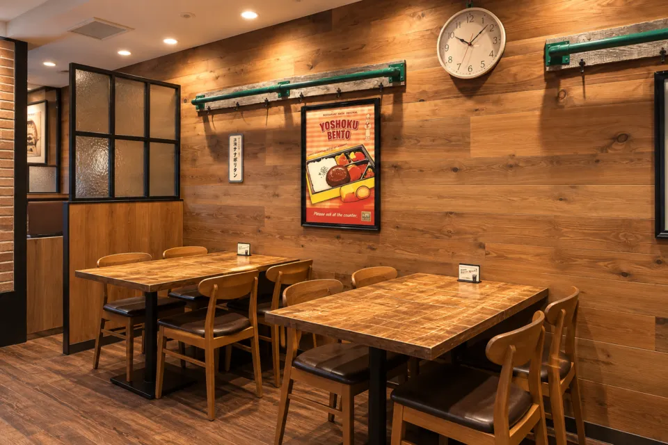 HACHI仙台本店の木の壁とテーブルを配した店内