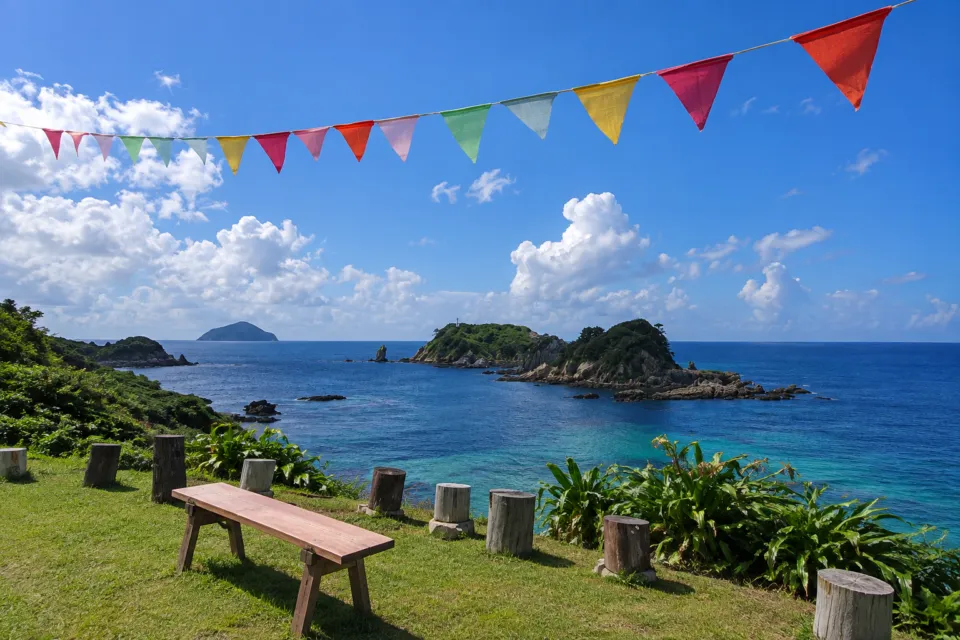 花笑み きくやの海を望む芝生の丸太席とベンチ