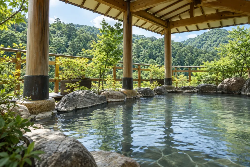 花紫の鶴仙渓を望む温泉