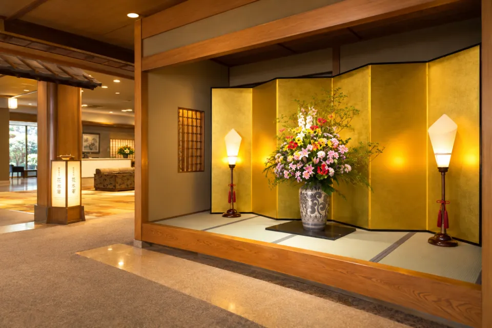 花乃丸のロビーの花飾りと金屏風