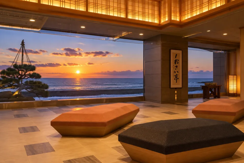 平成館しおさい亭の夕暮れの海に面したロビー