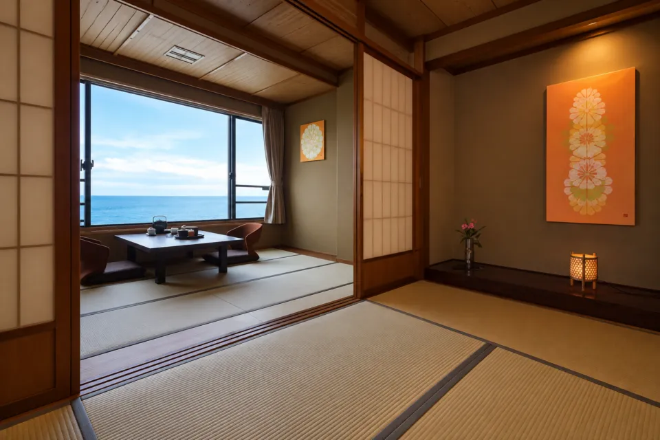 平成館しおさい亭の床の間と海を望む和室