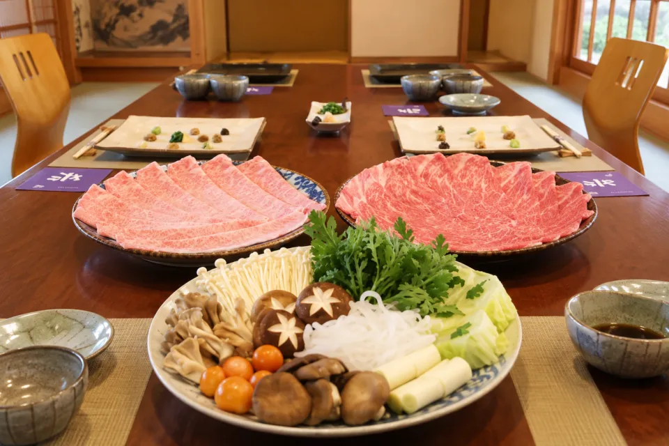 飛騨季節料理 肴の飛騨牛しゃぶしゃぶコースの食卓
