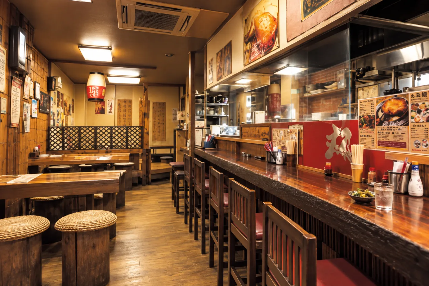 骨付鳥 蘭丸の木のカウンターとテーブル席が並ぶ店内