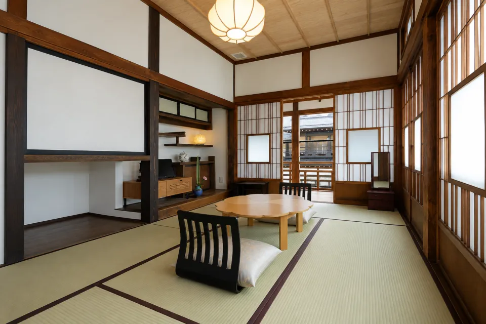 本館古勢起屋の川側和室の畳と座卓