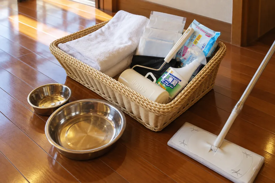 ホテルハーヴェスト那須のかごのタオルとペット用の器