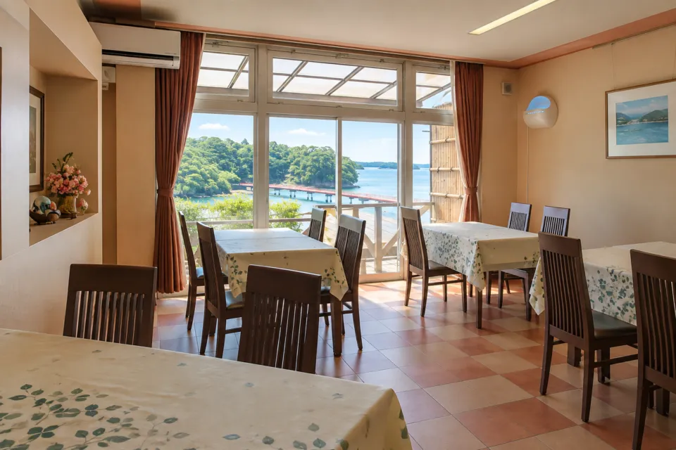 ホテル絶景の館の海を望むテーブル席の食事会場