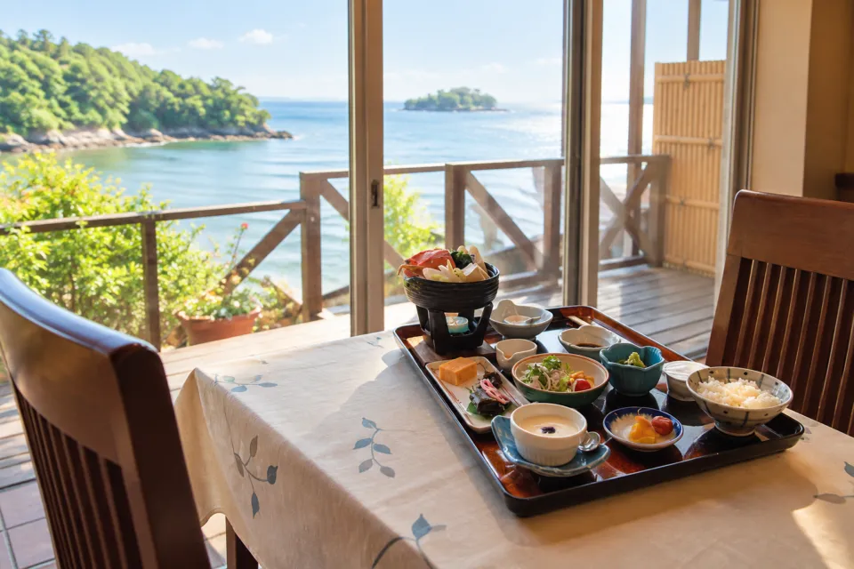 ホテル絶景の館の窓際の席に配膳された朝食