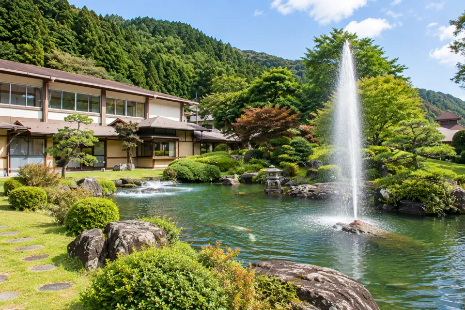 一の俣温泉グランドホテルの庭園の池と噴水
