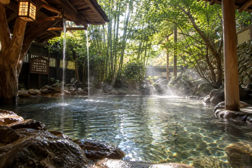 いこい旅館の木漏れ日が差す滝の湯
