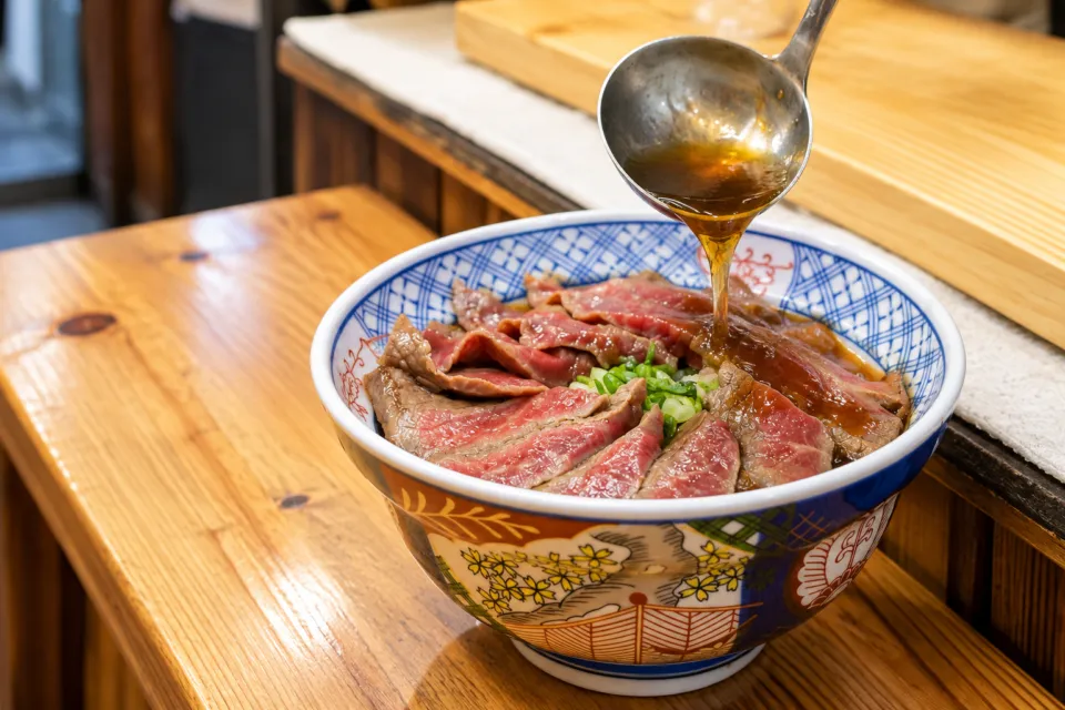いまきん食堂のあか牛丼にたれをかける仕上げ