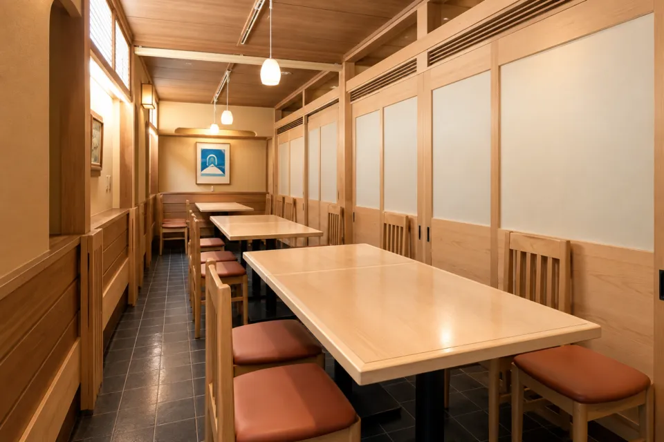 割烹 魚政の木製テーブルの席