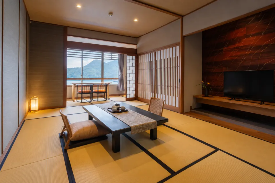 景勝館漣亭の本館の海を望む和室