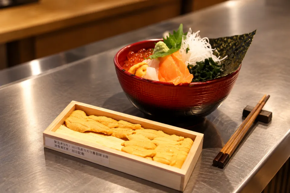 海鮮レストラン来萩の調理台の海鮮丼と箱入りのうに