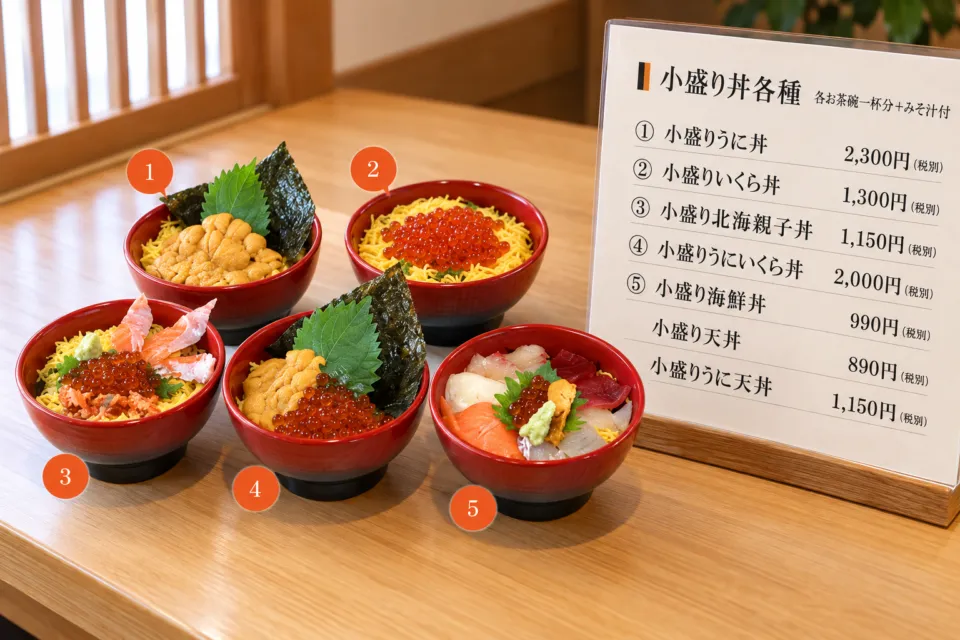 海鮮レストラン来萩の小盛り丼のメニュー案内