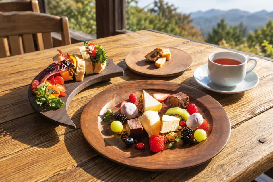 霧降高原 山のレストランのデザートと紅茶の食卓