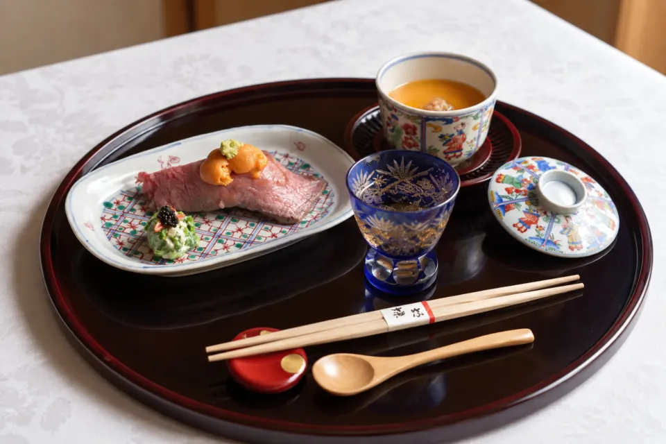 胡蝶の盆に整えられた季節の料理