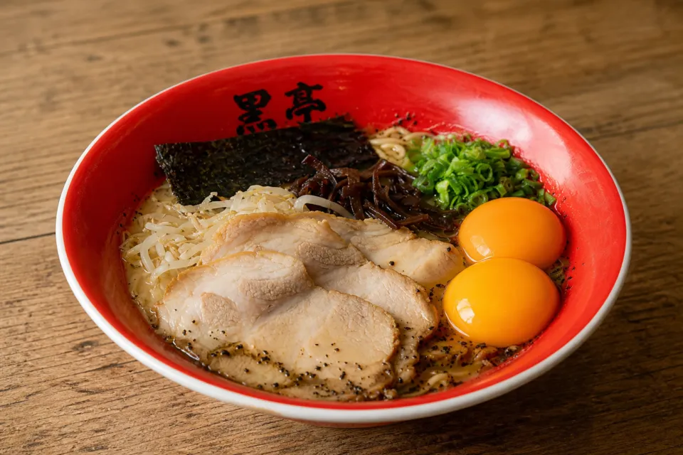 黒亭 本店の生卵とチャーシューをのせた玉子入りラーメン