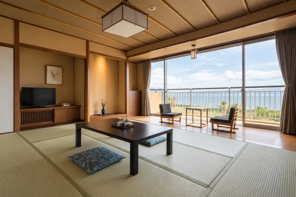 指宿温泉 こらんの湯 錦江楼の床の間を設えたシャワーブース付き伝統和室
