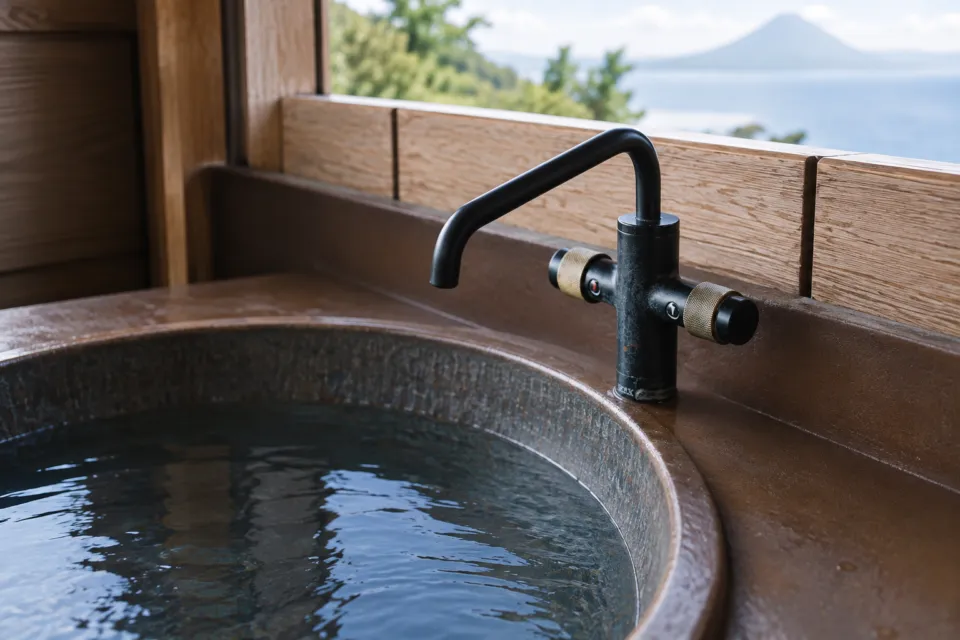 指宿温泉 こらんの湯 錦江楼の温泉の湯口と陶器の浴槽