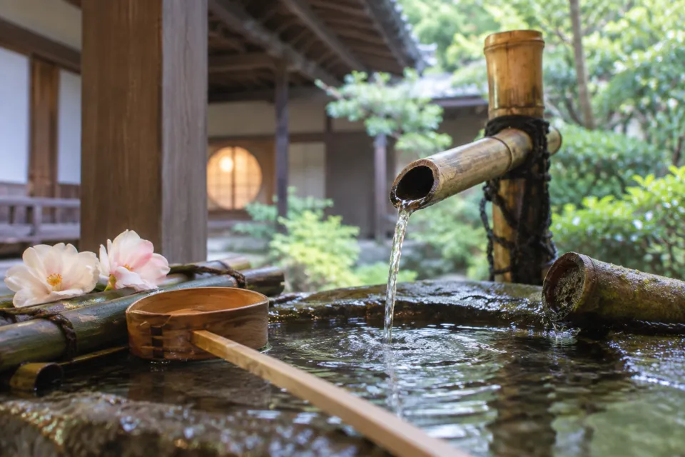 高野山 別格本山 清浄心院の竹の水口と柄杓