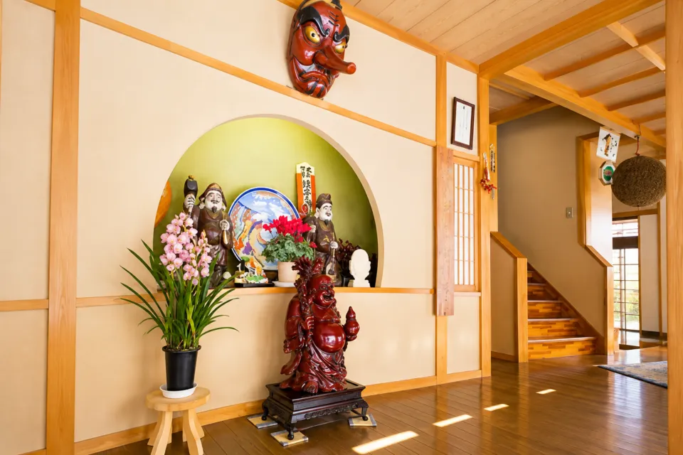 観光旅館 久保治の玄関脇の飾りと階段