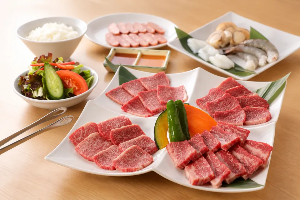 食道楽 松江駅南店の焼肉と海鮮を並べた食卓