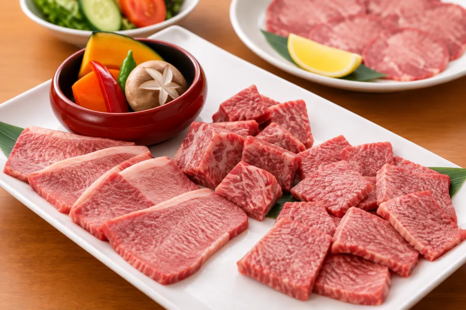 食道楽 松江駅南店の焼肉と野菜を並べた食卓