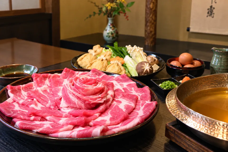黒豚料理 あぢもりの店舗入口と黒しゃぶ