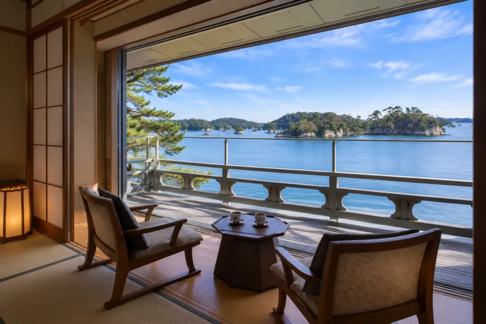 松島佐勘 松庵の海を望む和室の窓辺