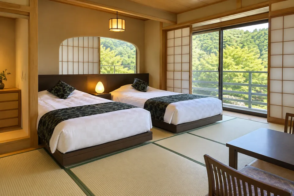 松島佐勘 松庵の二つのベッドを備えた和室