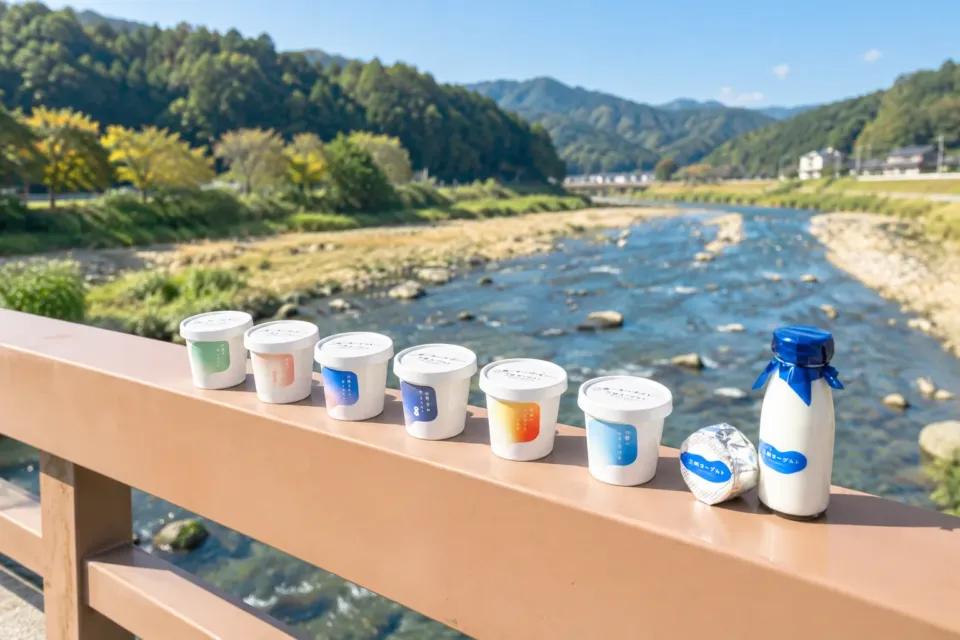 三朝ヨーグルトの三徳川沿いに並ぶ商品