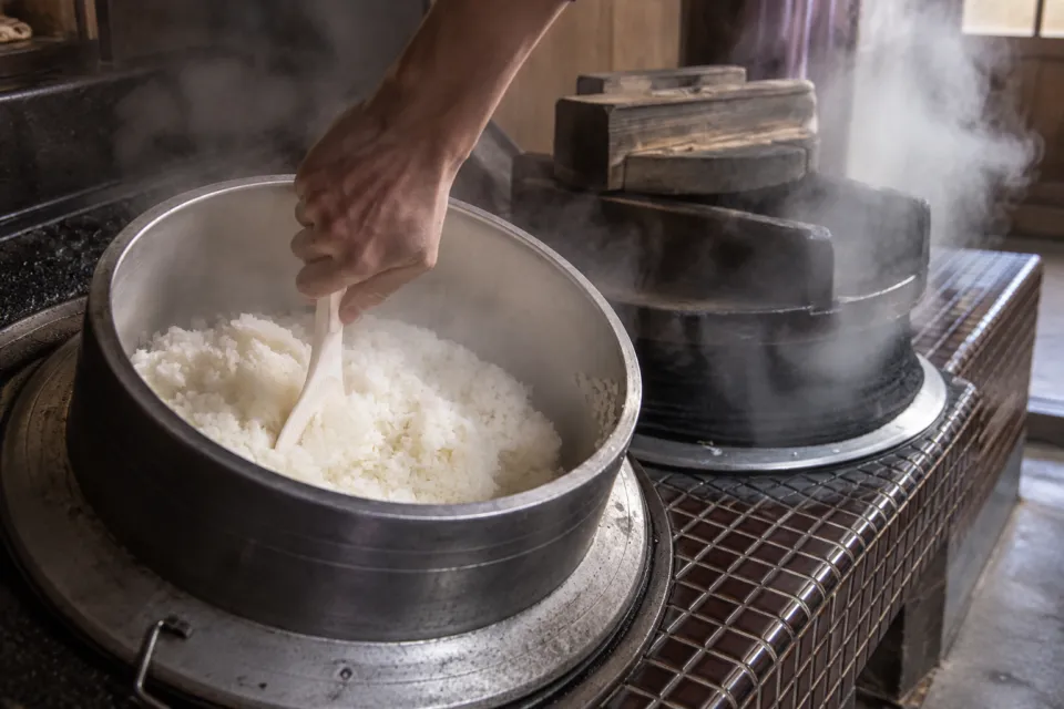 瑞穂蔵の釜からご飯をよそう様子