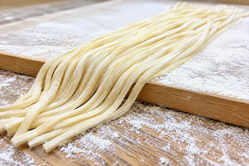 本格手打もり家高松本店の切り出された手打ちうどんの麺