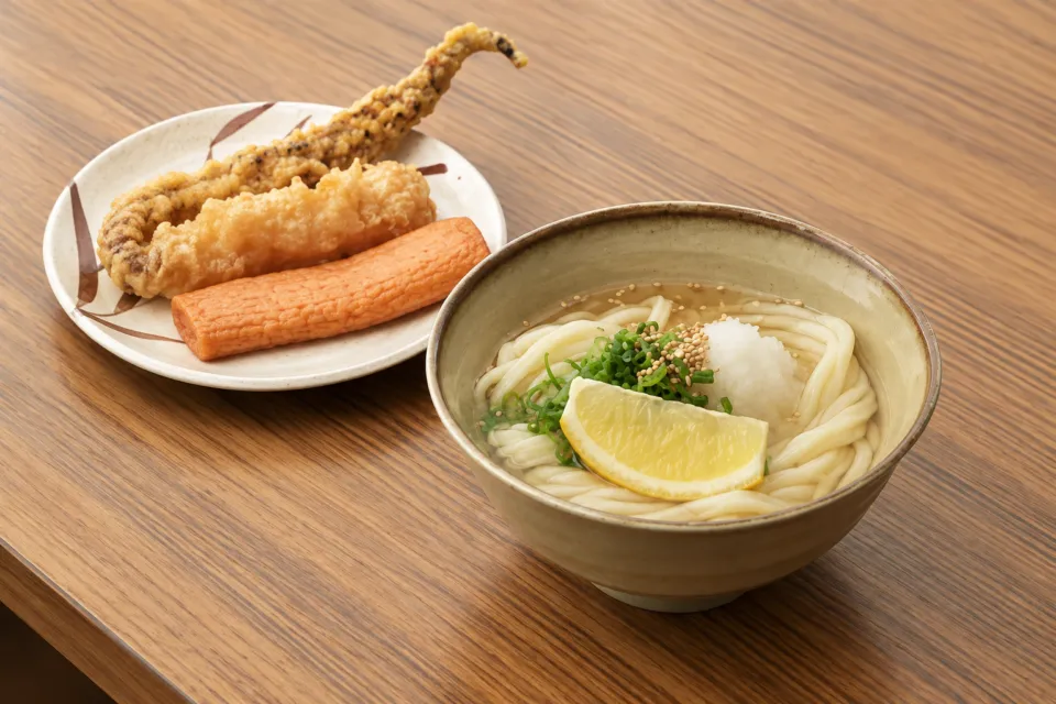 なかむらのテーブルに置かれたうどんと天ぷら