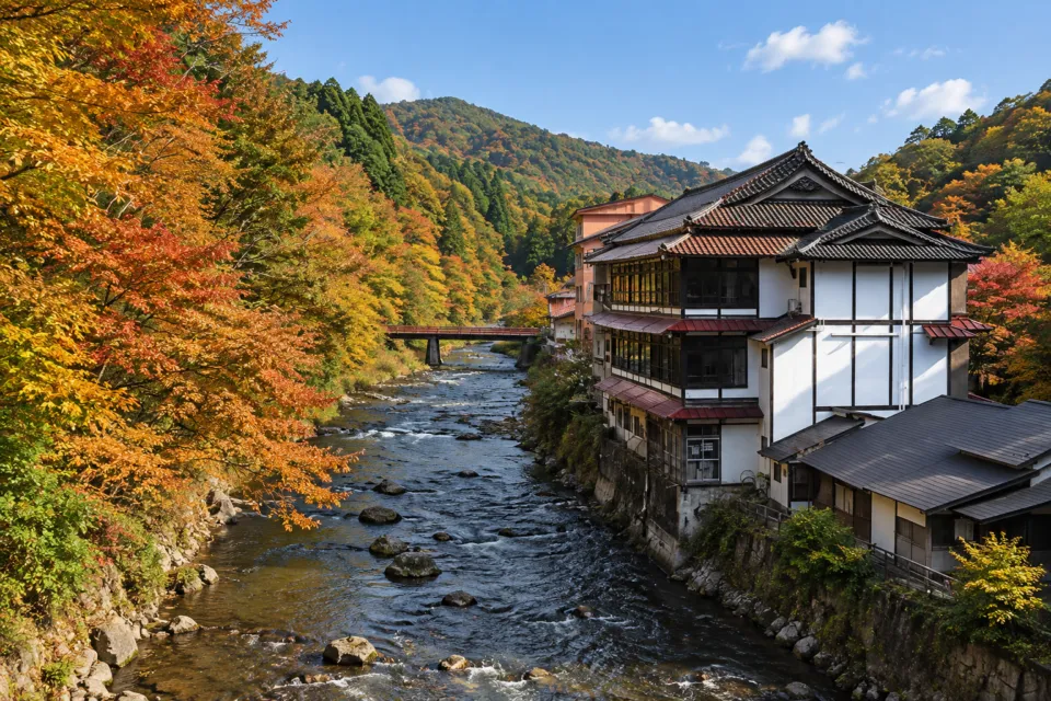 鉛温泉 藤三旅館の渓流沿いに建つ本館