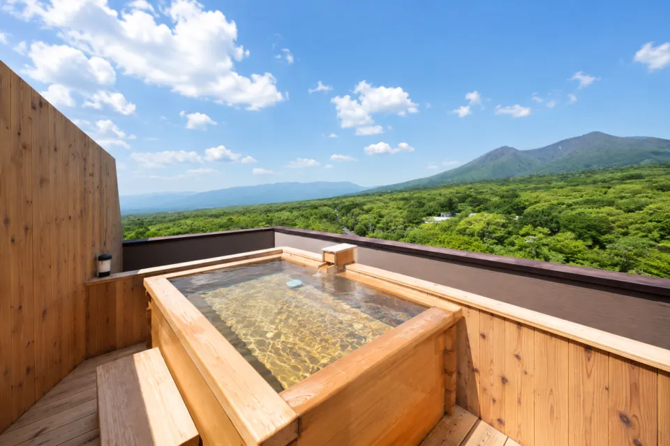 那須いちやホテルの山並みを望む木製の貸切露天風呂