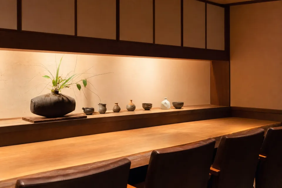日本料理 会席 かわしまの夜会席を行うカウンター店内